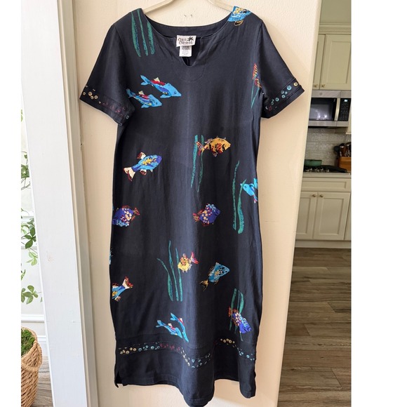 Copa Cabana Dresses & Skirts - Copa Cabana Vintage Fish Print Cotton Midi Dress Black Boho Coastal Cowgirl M